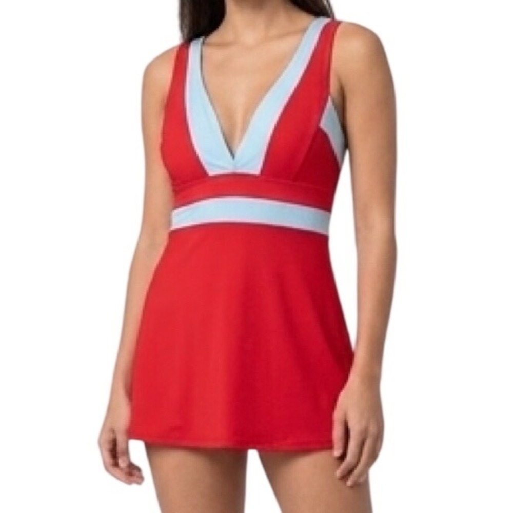 DKNY Swim Womens Red Blue Colorblock V-Neck Swim Dress Size M CA17634